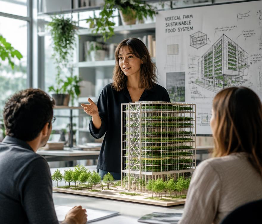 Jovem arquiteta apresentando maquete de prédio verde sustentável