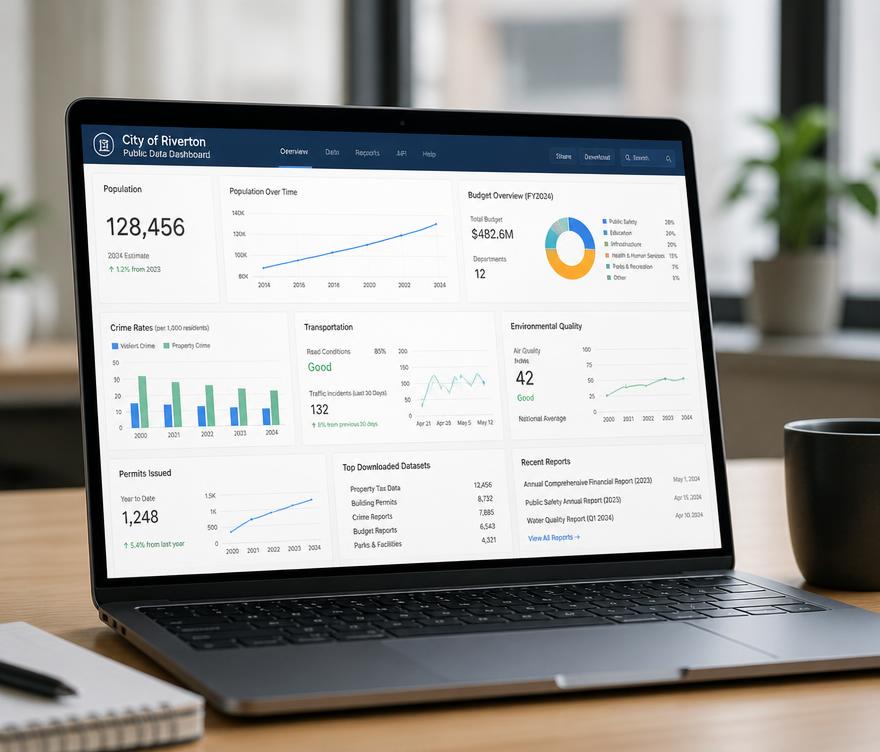 Dashboard de dados públicos em tela de laptop