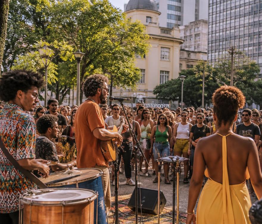 Músicos locais se apresentando em praça pública ensolarada